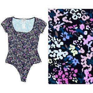 Victoria's Secret PINK Thong Bodysuit Floral Print Square Neck S/S Size XS NWT‎